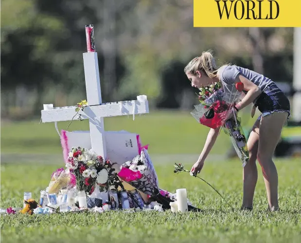 ?? GERALD HERBERT / THE ASSOCIATED PRESS ?? A woman places flowers Friday at one of 17 crosses placed for the victims of the shooting at Marjory Stoneman Douglas High School in Florida.