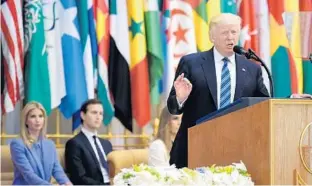  ?? MANDEL NGAN/AFP/GETTY IMAGES ?? President Donald Trump speaks in Riyadh on Sunday. The fight against terrorism, he said, is “a choice between two futures, and it’s a choice America cannot make” for Arab nations.