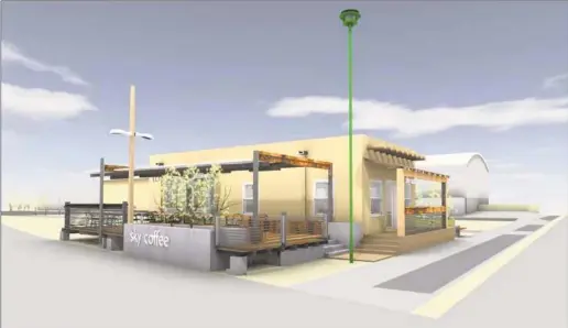  ??  ?? A rendering from architect Tom Easterson-Bond shows what Sky Coffee will look like. At left is the “Alameda” pedestrian walkway just south of the railroad tracks and behind the coffeehous­e is the old Butler Building that houses the Santa Fe Home and...