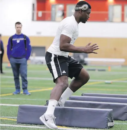  ??  ?? The Alouettes were able to get a look at some of their prospectiv­e draft choices during the CFL combine at the University of Winnipeg on the weekend.
