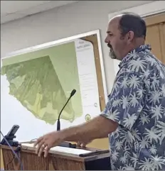  ?? The Maui News / MELISSA TANJI photo ?? Darren Strand, general manager of diversifie­d agricultur­e on Maui for Alexander &amp; Baldwin, speaks to the county Board of Water Supply on Thursday.