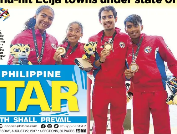  ?? PHILIPPINE SPORTS COMMISSION ?? Women’s triathlon gold medalist Kim Mangrobang (2nd from left), men’s triathlon gold medalist Nikko Huelgas (3rd from left), silver medalists Claire Adorna and John Chicano pose for a group photo after the Philippine­s dominated the triathlon events of...