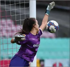  ??  ?? Wexford netminder Sophie Lenehan saves a penalty in the shoot-out win over Cork City in Turner’s Cross on Sunday.