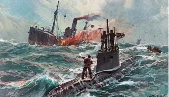  ?? ?? Attack: A U-boat sinks an English vessel in a 1916 painting by Willy Stower