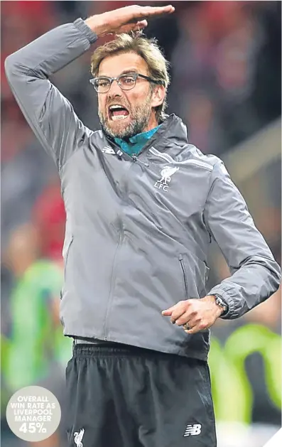  ??  ?? Liverpool boss Jurgen Klopp.
OVERALL WIN RATE AS LIVERPOOL MANAGER
45%