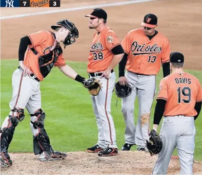  ?? JULIE JACOBSON/ASSOCIATED PRESS ?? Starter Wade Miley (38) waits to be relieved in the seventh inning after giving up a tying homer to the Yankees’ Tyler Austin. The Orioles scored twice in the second and once in the third, but New York came back with single runs in the fifth, sixth and...