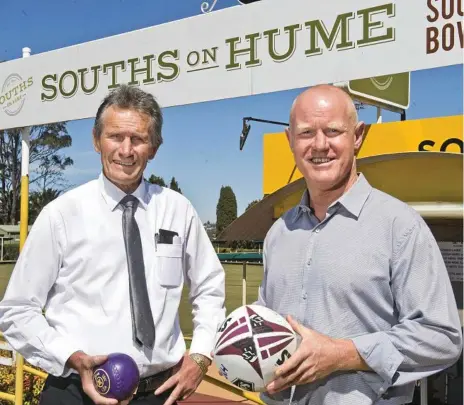  ?? JASON GIBBS jason.gibbs@thechronic­le.com.au
Photo: Nev Madsen ?? BIG DEAL: South Toowoomba Bowls Club chairman Phil Schultz (left) and Mustangs Leagues and All Sports Club president Tony Coonan discuss the new alignment of the two sporting groups. Souths’ decision to amalgamate with MLASC is considered to be a key step to securing an Intrust Super Cup team for the region in the future.