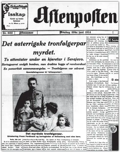  ??  ?? Aftenposte­ns førsteside fra 29. juni 1914. «Første verdenskri­g ble ikke forårsaket av skuddene i Sarajevo, men utløst av dem», skriver kommentato­r Therese Sollien.