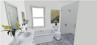  ??  ?? Each bathroom in Le York will feature luxurious finishes, including ceramic tiles, a soaker tub and glass shower stall, plus beautiful vanity choices with ample storage.