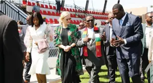  ?? ?? The President, Sports, Recreation, Arts and Culture Minister Kirsty Coventry, Deputy Minister Emily Jesaya (left) and PHD leader Prophet Walter Magaya (right) tour The Heart Stadium in Harare yesterday