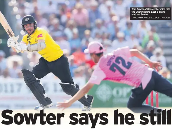  ??  ?? Tom Smith of Gloucester­shire hits the winning runs past a diving Nathan Sowter