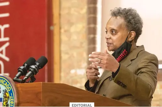  ?? TYLER LARIVIERE/SUN-TIMES ?? Mayor Lori Lightfoot speaks about the fatal police shooting of 13-year-old Adam Toledo during a press conference Monday at New Life Church in Little Village.