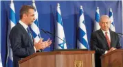  ??  ?? Greek Prime Minister Kyriakos Mitsotakis (l) gestures during a press conference with his Israeli counterpar­t, Benjamin Netanyahu, in Jerusalem, on Tuesday.