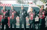  ??  ?? Prem Balram, third from left, with Rusa paramedics, from left, Kevin Mthiyane, Jerome Samduth, Thabani Bhanda and Vinod Singh.