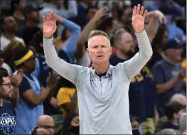  ?? BRANDON DILL — THE ASSOCIATED PRESS ?? Warriors coach Steve Kerr gestures to players during the first half of Game 2of the team’s Western Conference semifinal against the Grizzlies on Tuesday in Memphis.