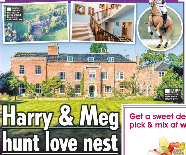  ??  ?? PLUSH: Twyford Hall has 70 acres of land. Right, the main staircase FIT FOR A PRINCE: Twyford Hall. Inset, Harry playing polo
