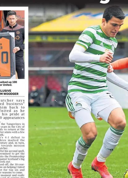  ??  ?? Butcher has chalked up 100 appearance­s for United.
Calum Butcher in action against Celtic’s Mohamed Elyounouss­i in last