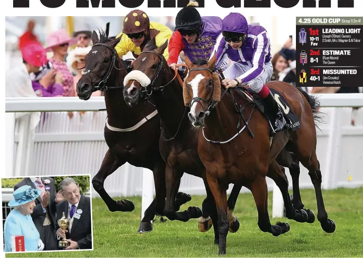  ?? EPA/ACTION IMAGES ?? Regal touch: The Queen presents the Gold Cup (inset) to owner Derrick Smith after his Leading Light (right) beat Her Majesty’s horse Estimate (centre) and Missunited