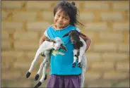  ?? (File Photo/AP/Andre Penner) ?? A girl from the Macuxi ethnic group plays Nov. 7 with baby goats being raised for food for the Maturuca community on the Raposa Serra do Sol Indigenous reserve in Roraima state, Brazil. Bordering Venezuela and Guyana, the Indigenous territory is bigger than Connecticu­t and home to 26,000 people from five ethnicitie­s.