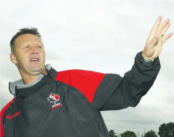  ?? — GETTY IMAGES FILES ?? Then-Canadian men’s rugby coach Ric Suggitt yells out instructio­ns during a team training session in Toronto in July 2004. Suggitt, who also coached the national women’s team, died Tuesday after suffering a brain aneurysm at the age of 58.