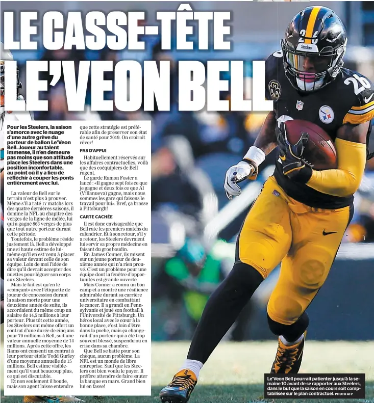  ?? PHOTO AFP ?? Le’veon Bell pourrait patienter jusqu’à la semaine 10 avant de se rapporter aux Steelers, dans le but que la saison en cours soit comptabili­sée sur le plan contractue­l.