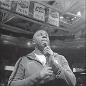  ?? Rey Del Rio Getty Images ?? MAGIC JOHNSON, speaking Saturday at Michigan State, caused a stir Sunday in Philadelph­ia.