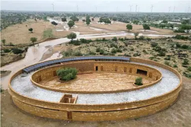  ?? — AFP photos ?? This aerial photograph shows a view of Rajkumari Ratnavati girls’ school, in Kanoi village near Jaisalmer, in India’s desert state of Rajasthan.