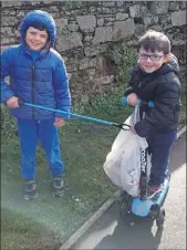  ??  ?? SETTING A GOOD EXAMPLE - Fionn and Culann Higgins collecting litter around St Colman’s health campus in Fermoy over the weekend.
