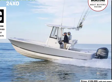  ??  ?? Price: $126,995 (with test power)
SPECS: LOA: 24'4" BEAM: 8'5" DRAFT: 1'4" DRY WEIGHT: 5,250 lb. (with engine) SEAT/WEIGHT CAPACITY: 8/1,979 lb. FUEL CAPACITY: 86 gal.
HOW WE TESTED: ENGINE: 300 hp Yamaha DRIVE/PROP: Outboard/15.25" x 18" Saltwater Series II 3-blade GEAR RATIO: 1.75:1 FUEL LOAD: 65 gal. CREW WEIGHT: 400 lb.
