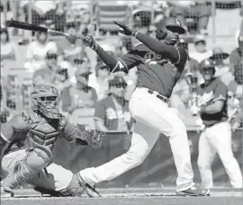  ?? Matt York Associated Press ?? DARNELL SWEENEY of the Dodgers takes a cut at a pitch in the second inning in front of Angels catcher Martin Maldonado. Sweeney struck out in the at-bat.