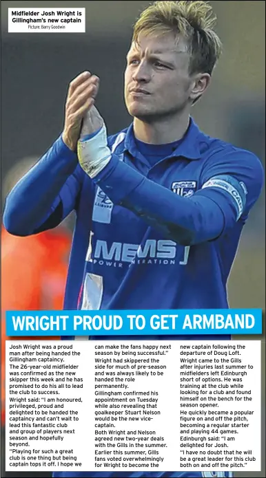  ?? Picture: Barry Goodwin ?? Midfielder Josh Wright is Gillingham’s new captain