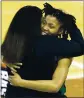  ?? STEPHEN SPILLMAN — AP ?? Wright State’s Angel Baker celebrates the upset of Arkansas with head coach Katrina Merriweath­er.