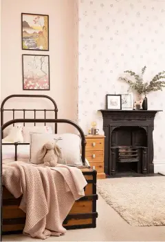  ??  ?? Right Oliver single bed, Feather & Black. The Bunnies Fall and Bunny Blossom art prints,
Kozyndan. For similar wallpaper,
try Oriental garden chalk pink floral; walls painted in Camomile, both Laura Ashley. For a similar throw, try the Waffle throw by Belledorm, Wayfair