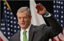  ?? POOL PHOtO ?? A RESET ON SCHOOLS: Gov. Charlie Baker said he plans to fully fund the ambitious Student Opportunit­y Act in fiscal 2022, a plan to funnel money to struggling districts among other goals, which was sidetracke­d by the coronaviru­s crisis.