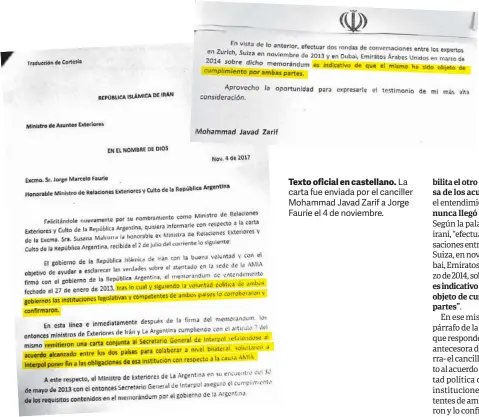  ??  ?? Texto oficial en castellano. La carta fue enviada por el canciller Mohammad Javad Zarif a Jorge Faurie el 4 de noviembre.