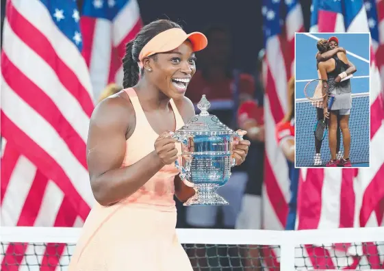  ?? Picture: AFP PHOTO ?? Sloane Stephens can’t believe her success after a tough road. While (inset) the new US Open champion embraces friend and rival Madison Keys.
