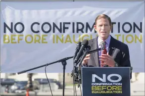  ?? Jemal Countess / Getty Images for Care In Action ?? Sen. Richard Blumenthal speaks during a protest calling for the Republican Senate to delay the confirmati­on of Supreme Court Justice Nominee Amy Coney Barrett at the U.S. Capitol on Oct. 22 in Washington, D.C.