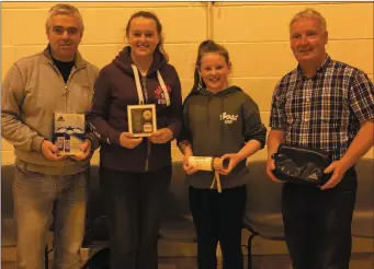  ??  ?? Alan Thornberry, Greenhills runner up, Megan Devin (second left) and Greenhills clubmate Ciara Floyd, winners of the A Open Doubles competitio­n at Redeemer last Tuesday night, flanked by runners-up Alan Thornberry of Greenhills (left) and Mike Garvey from Silverbrid­ge.
