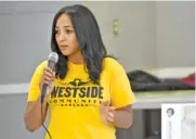  ?? ?? Project manager Hana Ramirez speaks Monday during a meeting at College Hill Courts hosted by the Chattanoog­a Housing Authority.