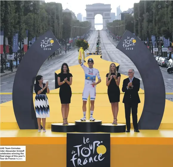  ?? Reuters ?? UAE Team Emirates rider Alexander Kristoff celebrates winning the final stage of this year’s Tour de France