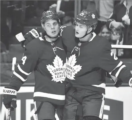  ?? FRANK GUNN/THE CANADIAN PRESS/FILES ?? How the contract negotiatio­ns between the Toronto Maple Leafs and William Nylander, right, are resolved could very well have financial repercussi­ons when the entry-level contracts of Auston Matthews, left, and Mitch Marner expire after this season.