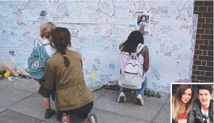  ??  ?? A woman touches a poster for missing 12-year-old Jessica Urbano on a tribute wall. Inset: Gloria Trevisan and Marco Gottardi.