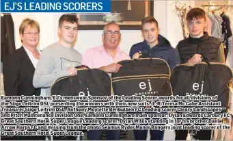  ??  ?? Eamonn Cunningham, EJ’s menswear Sponsor of the Leading Scorer awards for all divisions of the Sligo Leitrim DSL presenting the winners with their new suits. (L-R)Teresa Mc Cabe Assistant Treasurer Sligo Leitrim DSL, Anthony Moylette Benbulben FC...