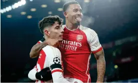  ?? Nigel French/Getty Images/Allstar ?? Kai Havertz lifts up Gabriel Jesus as Arsenal celebrate their first goal against Lens. Photograph: