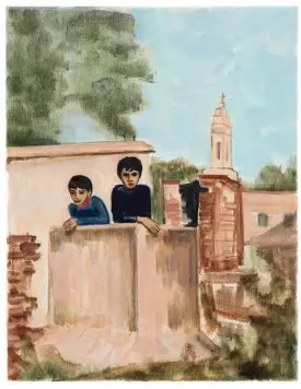  ?? ?? Matthew Krishanu, Two Boys (Church Tower), 2020, oil on canvas, 45 × 35 cm. Photo: Peter Mallet. © the artist