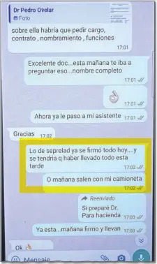  ?? ?? Una de las supuestas conversaci­ones entre el abogado Pedro Ovelar y el fiscal Aldo Cantero.