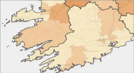  ??  ?? Screengrab taken from the Covid-19 Data Hub. The orange sections show the LEA’s in Cork that showed the highest incidence levels per 100,000 of population.