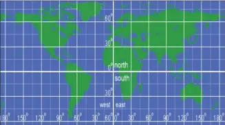  ??  ?? Below is the full grid drawn on a map of the world. Find the point 30o S, 60o W.