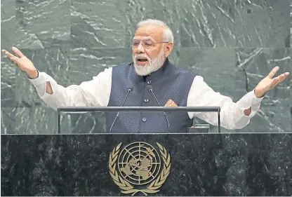  ?? Picture: PA. ?? India’s Prime Minister Narendra Modi pictured speaking to the United Nations.
