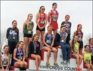  ?? FUAD SHALHOUT — THE MORNING JOURNAL ?? Lutheran West’s Kristen Groppe, second from top on the left, stands on the podium at the Divison III state cross country meet in Hebron.